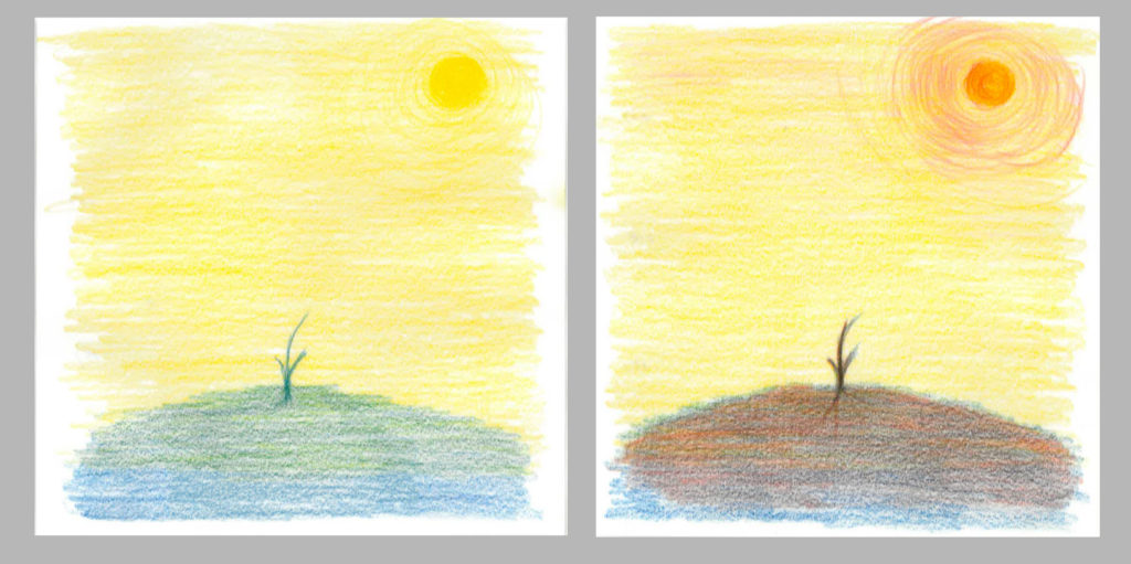 黄色と青色で描いた植物の風景と、
それに赤を足して描いた植物の風景とでは、エネルギーが違う。